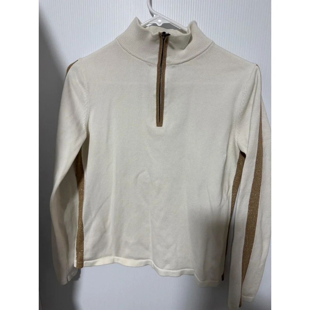 Talbots Ivory Cotton Blend Quarter Zip Sweater Gold Metallic Stripe RN 54050 - Picture 2 of 5